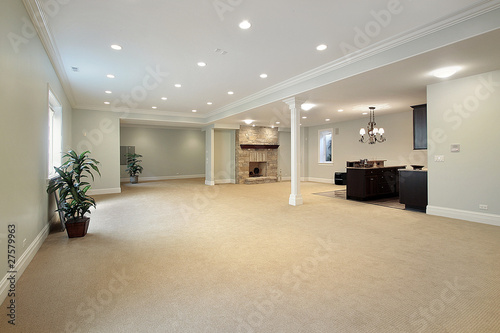 Foto Basement iwth stone fireplace