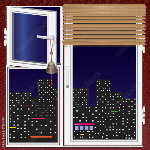 Window with jalousie and china bell and night city