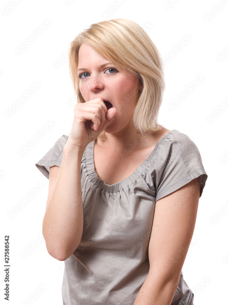 young blond woman yawning isolated on white background young blond woman yawning isolated on white background