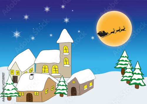 Weihnachtsmann fiegt im Vollmond über Dorf