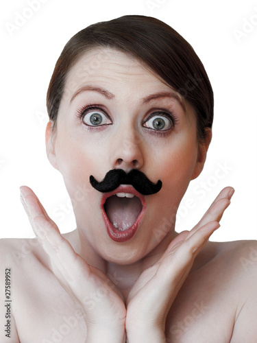 Amazed young woman isolated on white; with moustache