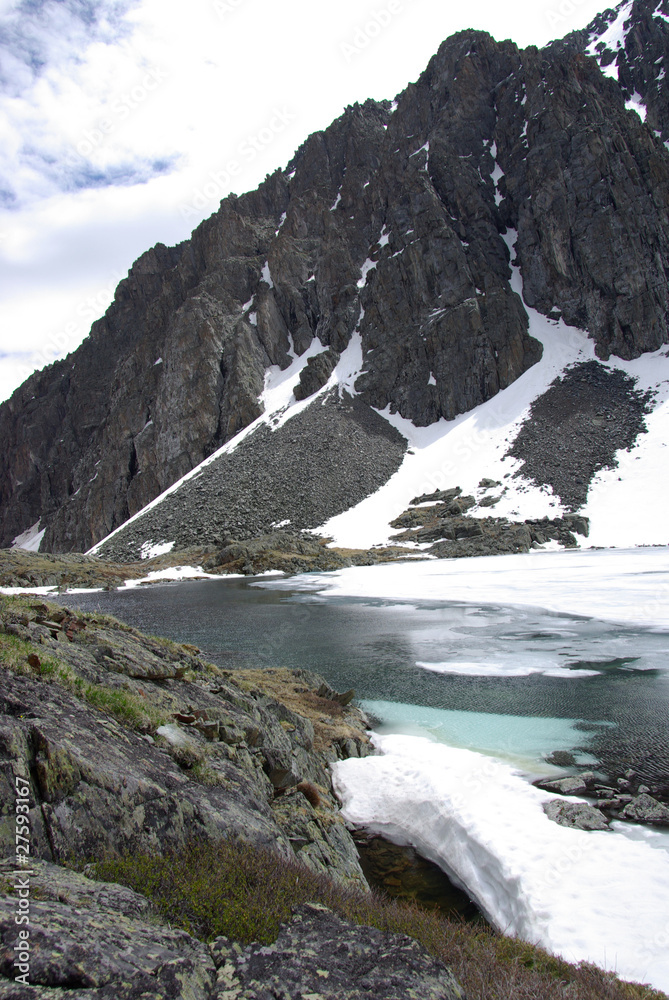 Mountain lake in background with high mountain Mountain lake in background with high mountain