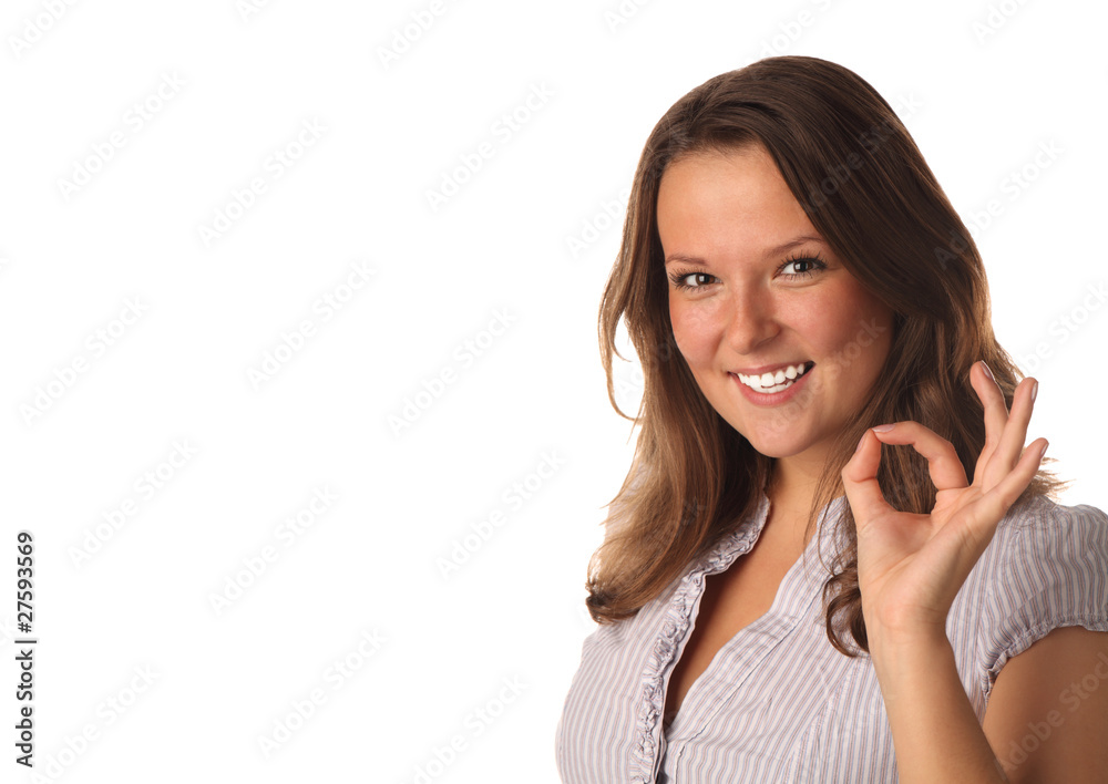 Close up portrait of smiling girl indicating ok sign (isolated) Close up portrait of smiling girl indicating ok sign (isolated)