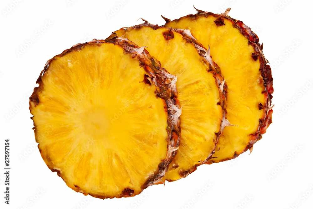 Three pineapple slices isolated over white background. Three pineapple slices isolated over white background.