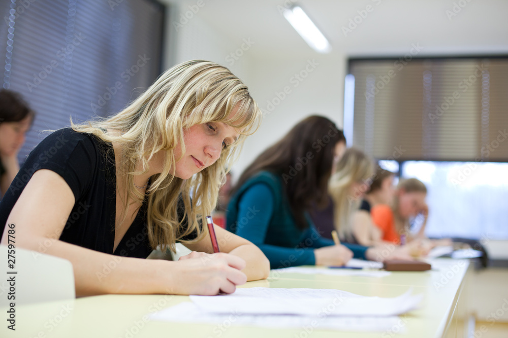 young pretty female college student sitting in a classroom full young pretty female college student sitting in a classroom full