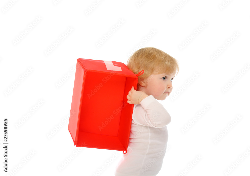 A baby carring red box isolated on white A baby carring red box isolated on white