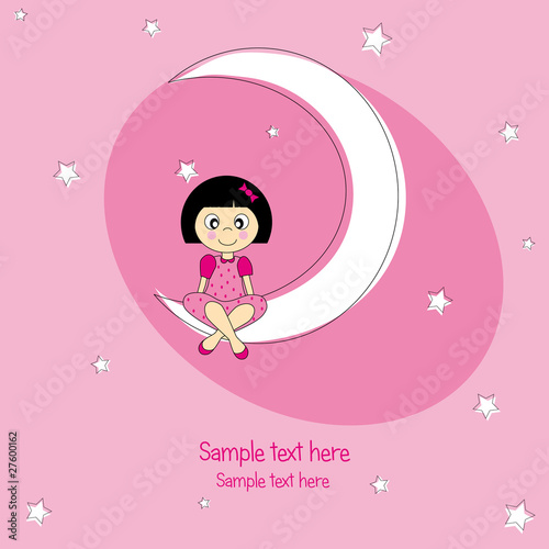 Tarjeta. Niña sentada en la luna