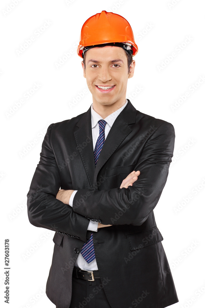 A view of a smiling foreman wearing helmet A view of a smiling foreman wearing helmet