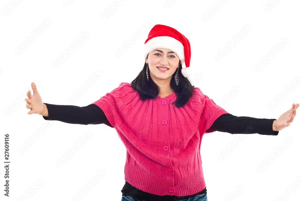 Mid adult Santa helper woman with open hands Mid adult Santa helper woman with open hands