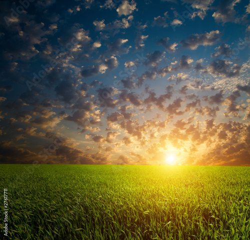 green field and beautiful sunset.