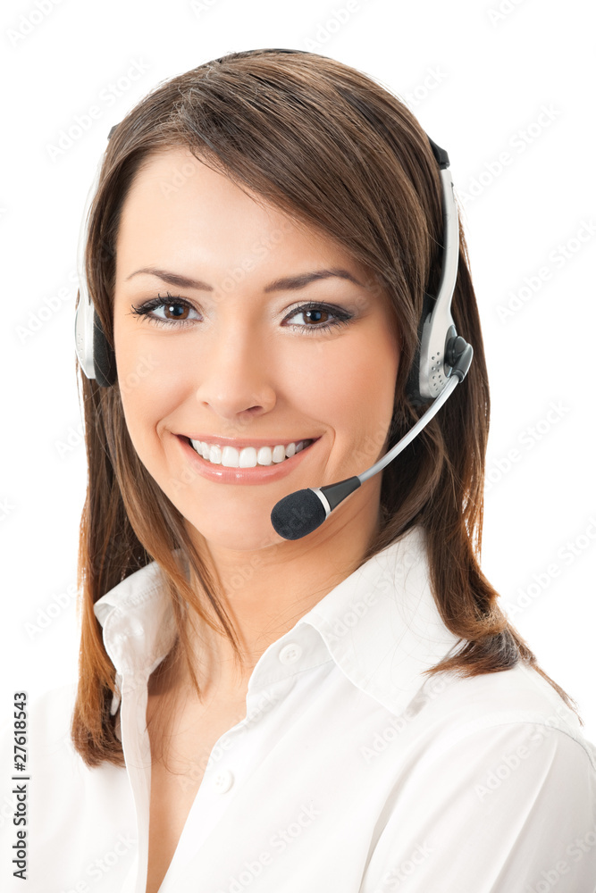 Portrait of happy smiling cheerful support phone operator Portrait of happy smiling cheerful support phone operator