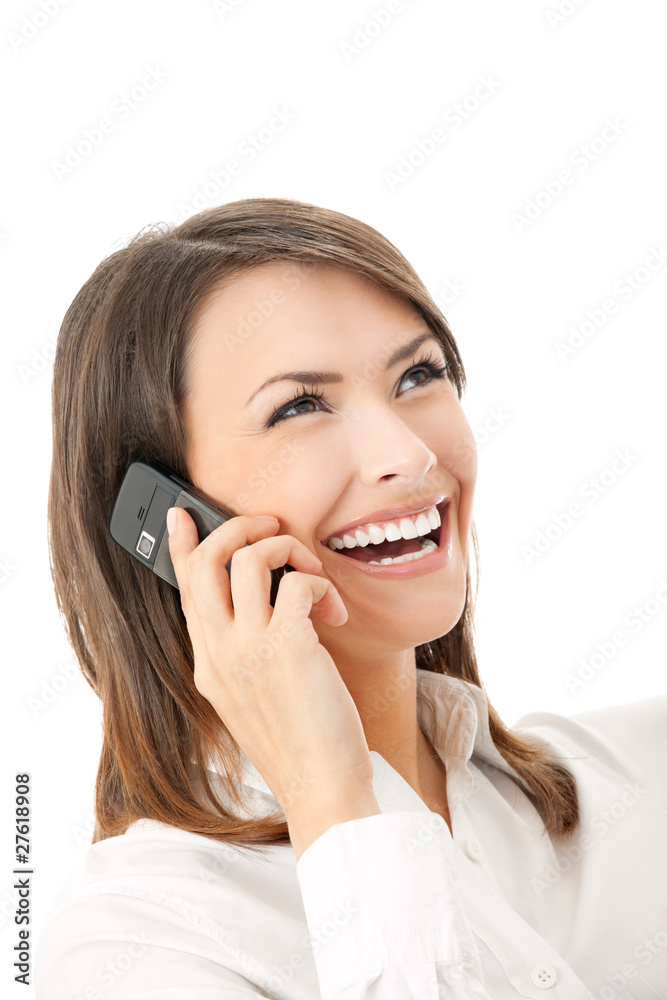 Happy successful businesswoman with cell phone, isolated Happy successful businesswoman with cell phone, isolated