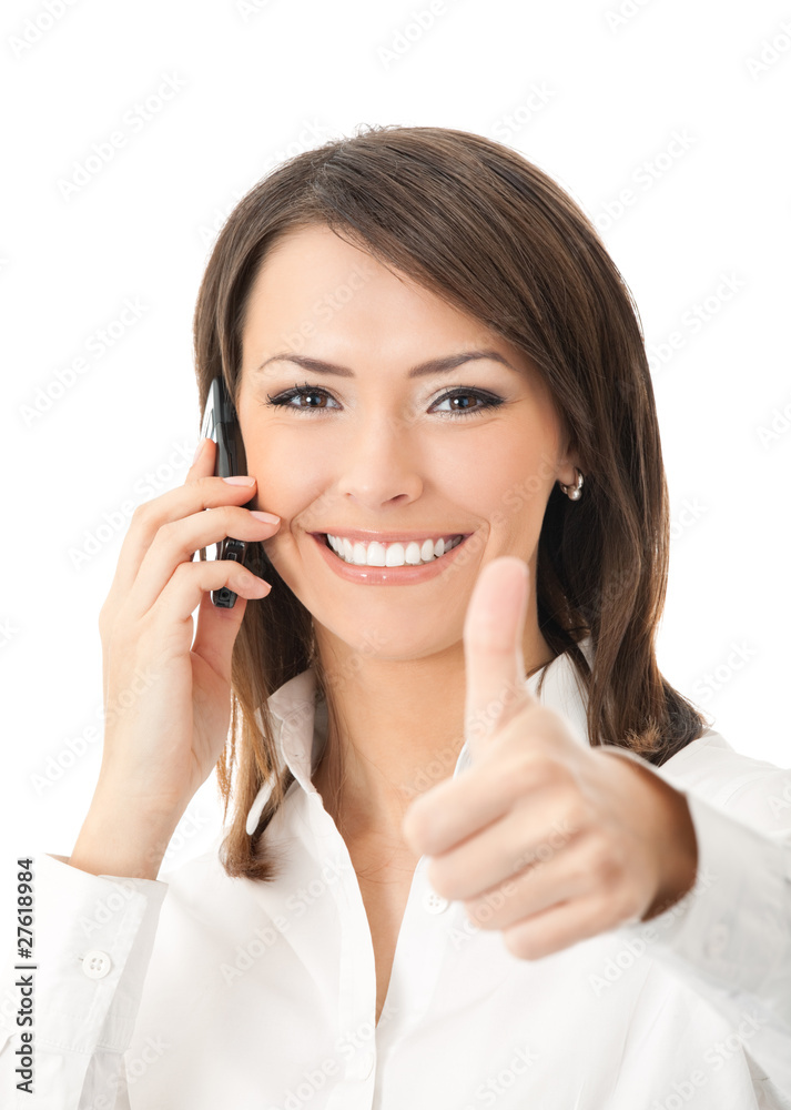 Happy businesswoman with cell phone and thumbs up, isolated Happy businesswoman with cell phone and thumbs up, isolated