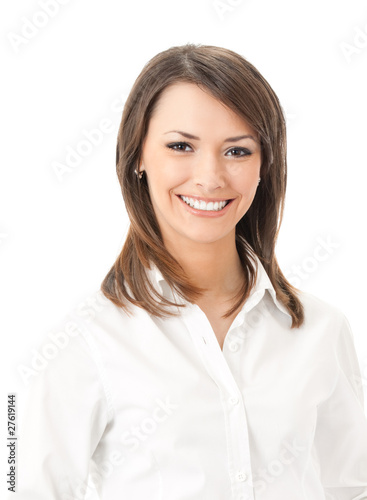 Portrait of young happy smiling businesswoman, isolated