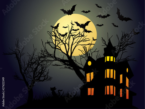 Halloween background with haunted house and bats