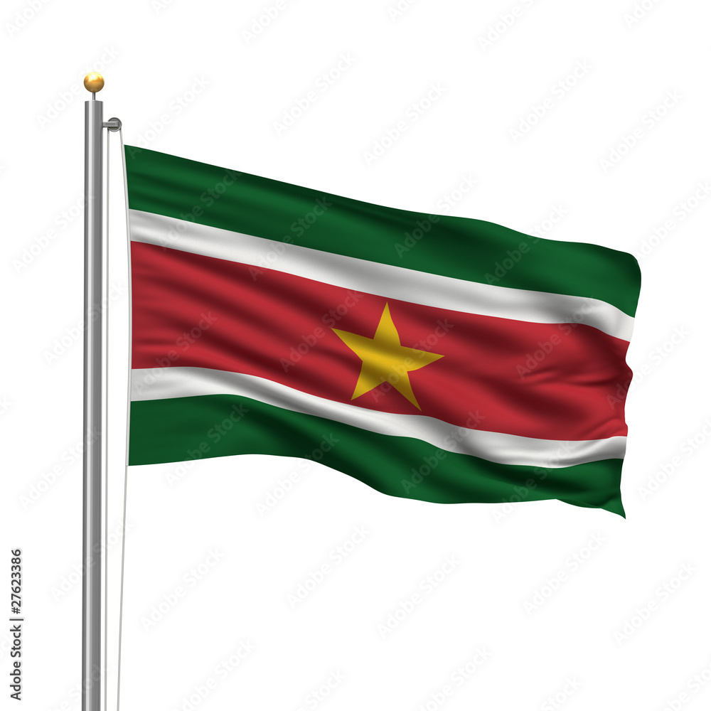 Flag of Suriname waving in the wind in front of white background