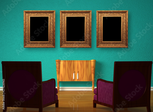 Foto Two luxurious chairs with console and frames in interior