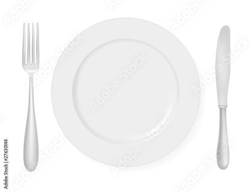 A plate, a knife and a fork. Vector.