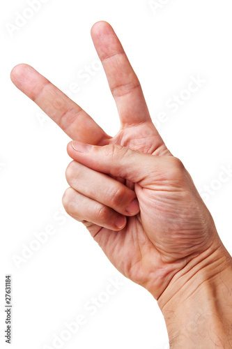Right hand Victory sign isolated over white background.