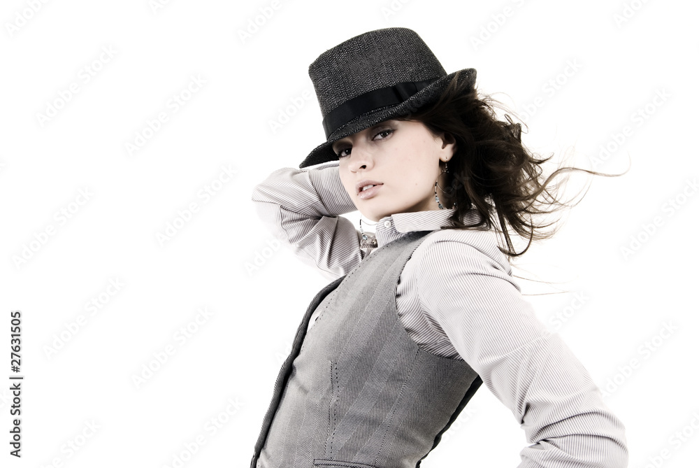Portrait of a young fashionable brunette over white Portrait of a young fashionable brunette over white