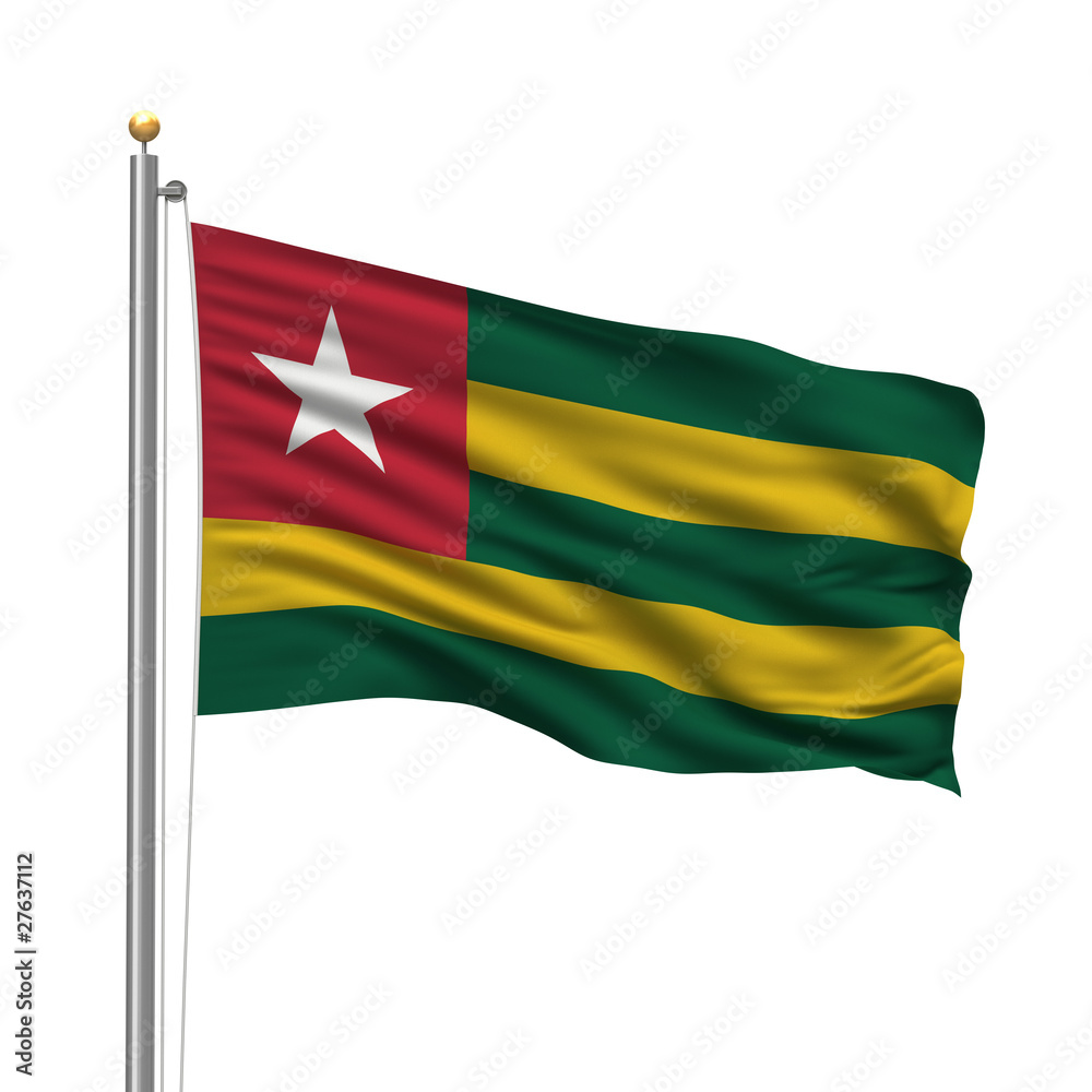 Flag of Togo waving in the wind in front of white background Flag of Togo waving in the wind in front of white background