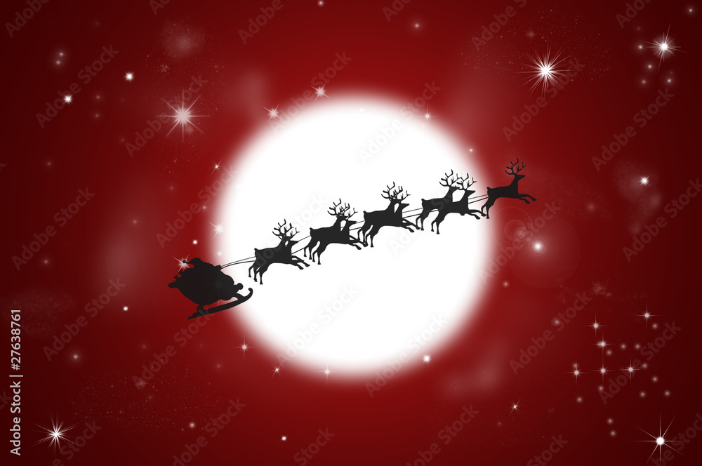 Naklejka premium Silhouette of Flying Santa and Christmas Reindeer