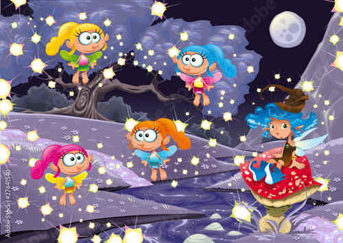 Landscape with fairies. Vector  illustration, isolated objects