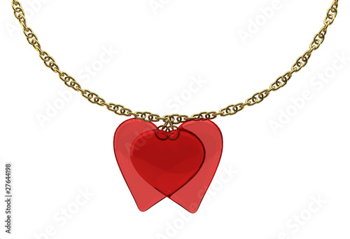 2 transparent hearts with a gold chain on white background isola