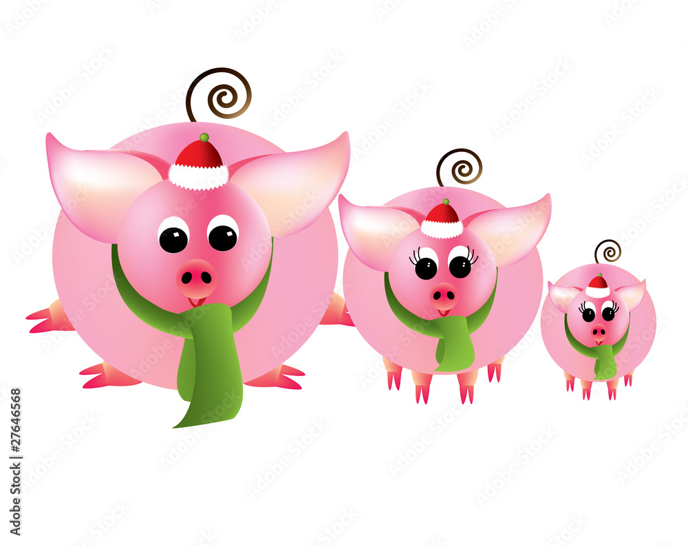 Merry Christmas from three pink piggies on a white background