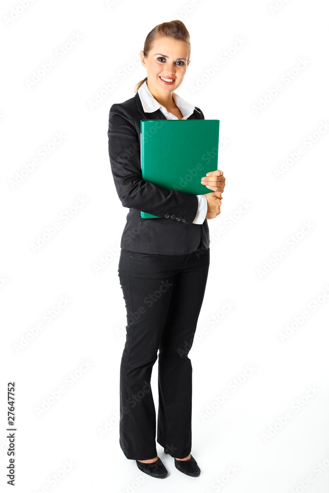 Smiling modern business woman holding folders with documents Smiling modern business woman holding folders with documents