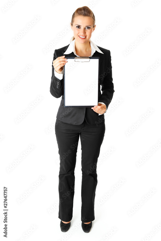 Friendly modern business woman holding blank clipboard in hands Friendly modern business woman holding blank clipboard in hands
