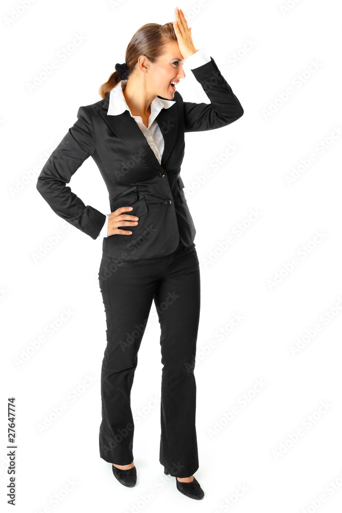 Solution is found! Business woman holding hand at  forehead