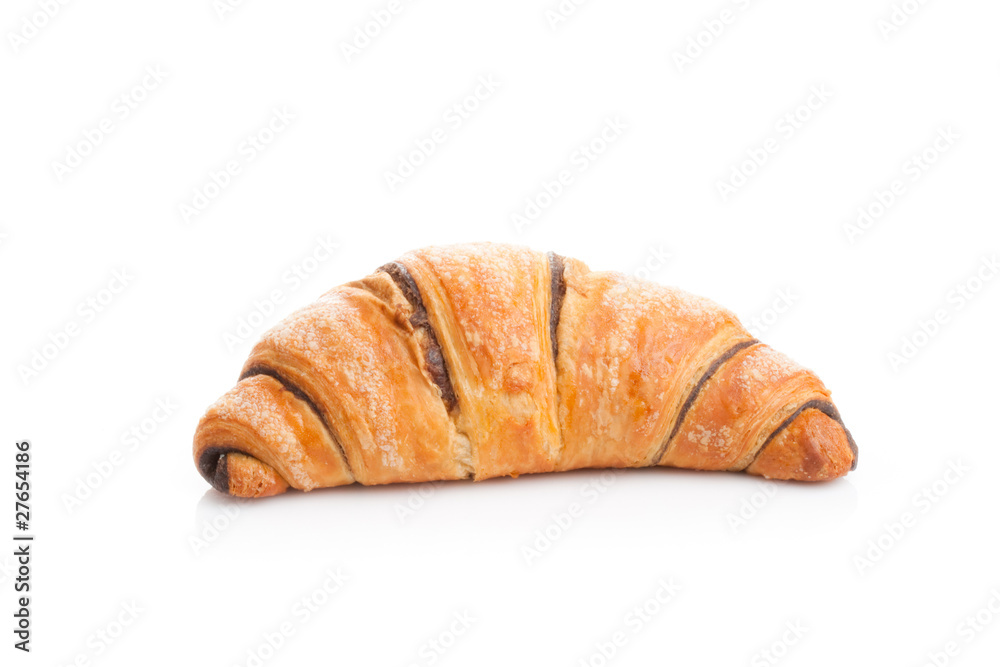 French croissant with chocolate on white background