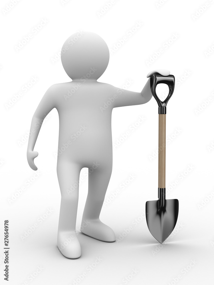 Man with bucket and shovel on white background. Isolated 3D imag