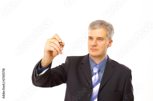 isolated businessman drawing in a transparent glas