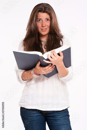 Unhappy girl with book