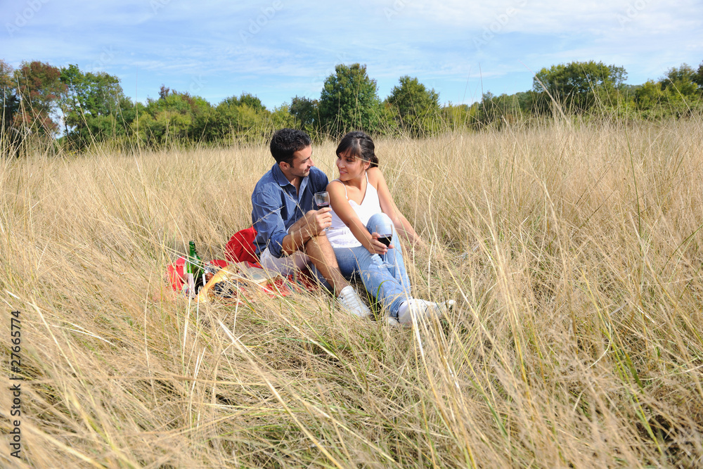 happy couple enjoying countryside picnic in long grass happy couple enjoying countryside picnic in long grass