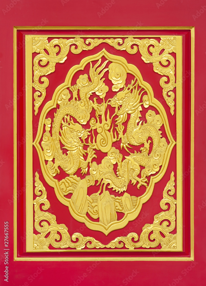golden dragon decorated on red wood