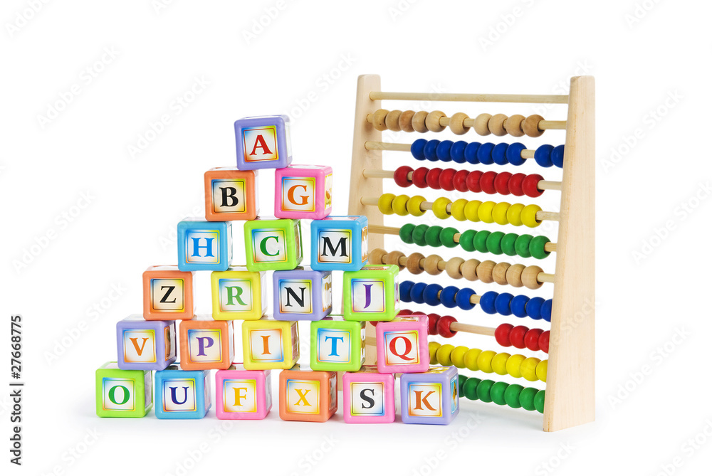 Alphabet blocks and abacus isolated on white Alphabet blocks and abacus isolated on white