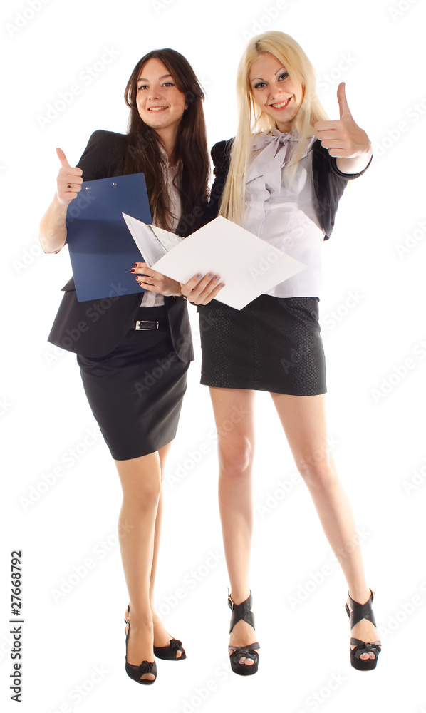 Two businesswoman with advisor and laptop & finger Ok Two businesswoman with advisor and laptop & finger Ok