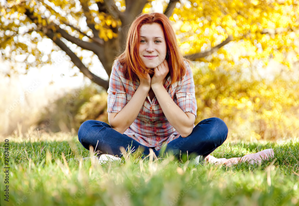 Portrait of red-haired girl in the autumn park. Portrait of red-haired girl in the autumn park.