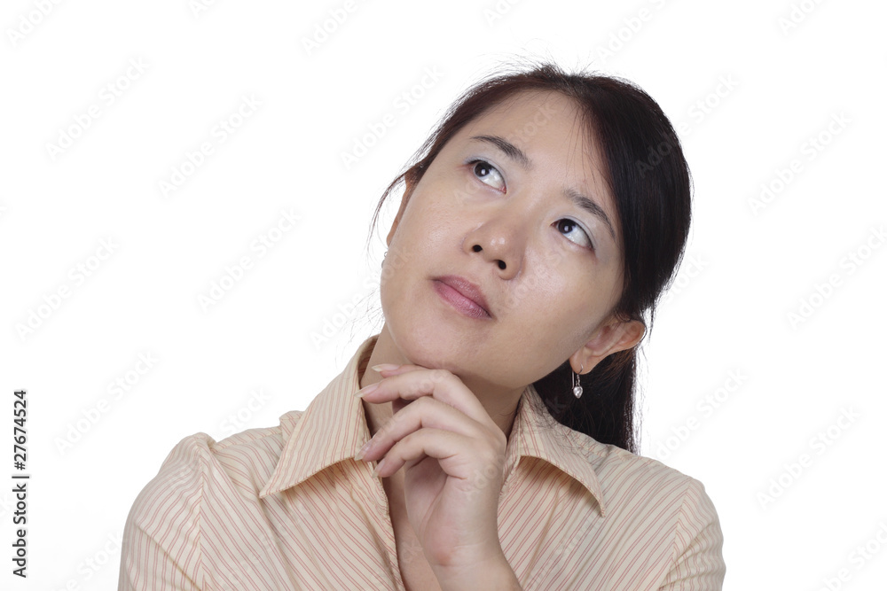 An Asian woman thinking isolated in white background An Asian woman thinking isolated in white background