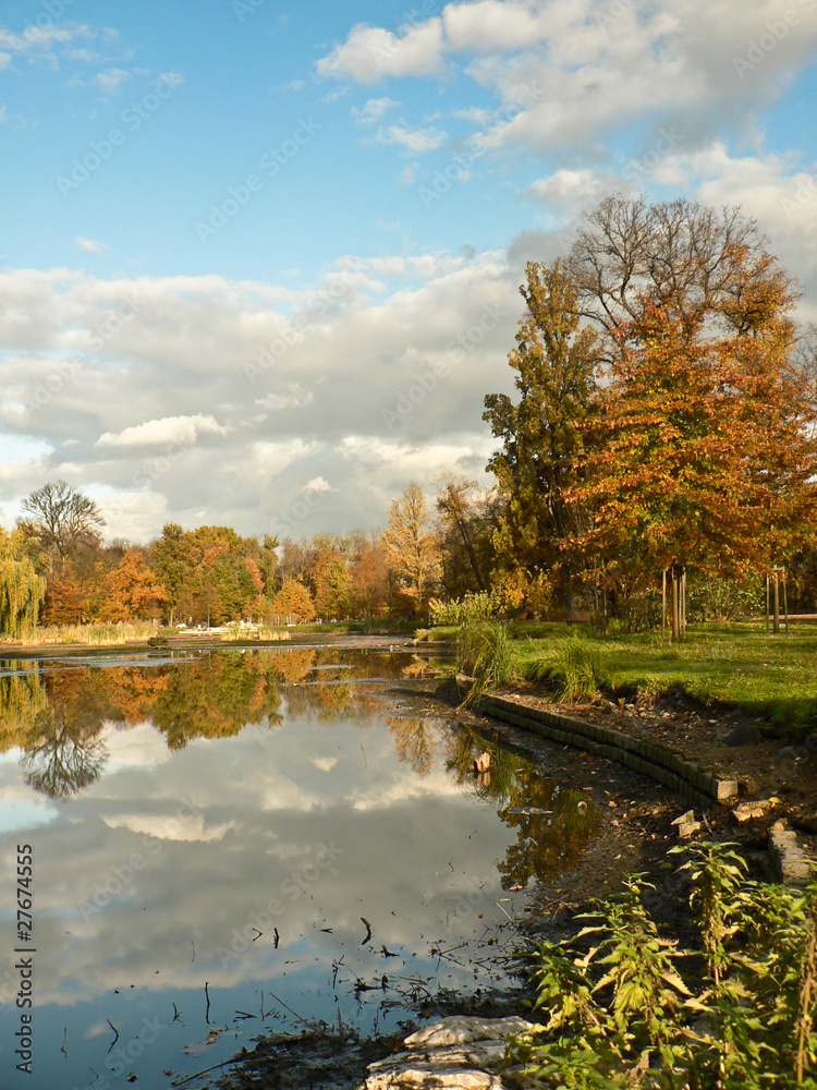 Fall park with pond