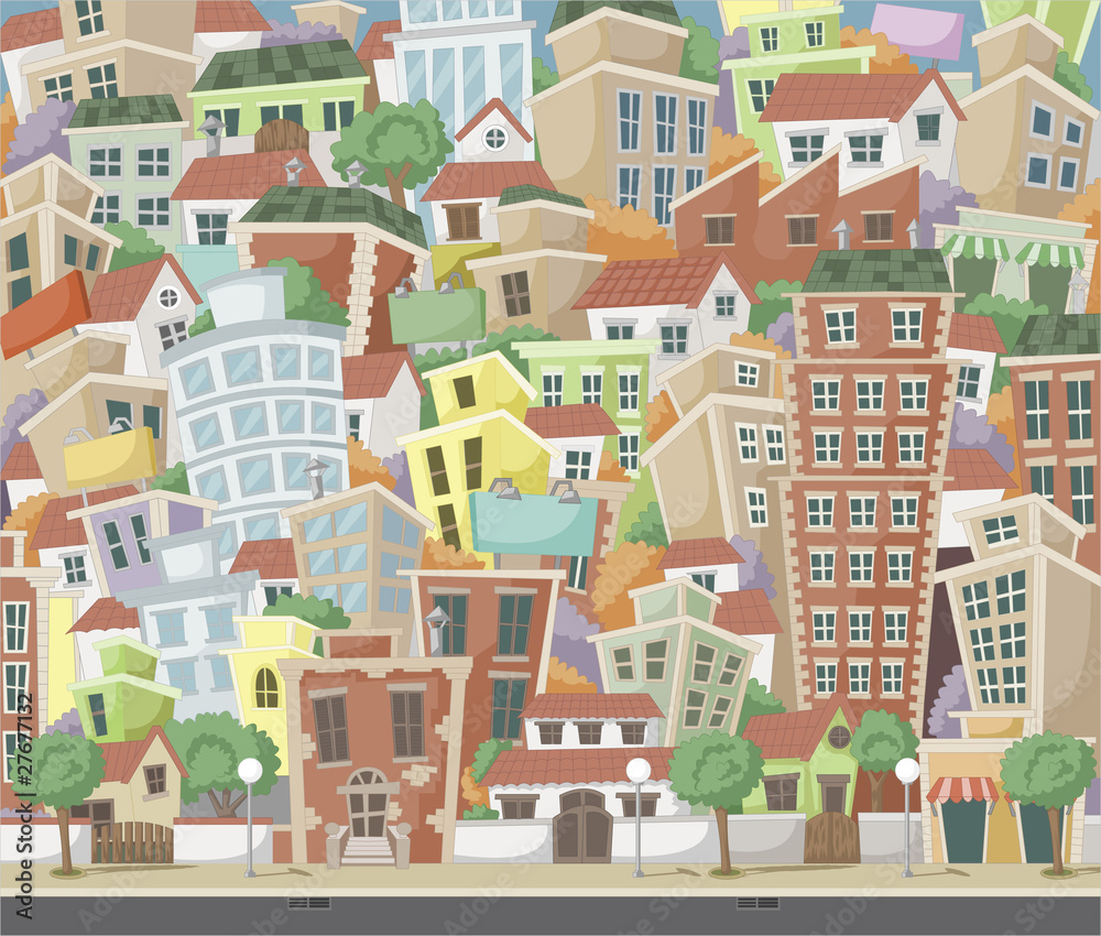 Vector illustration of a city with colorful trees and buildings
