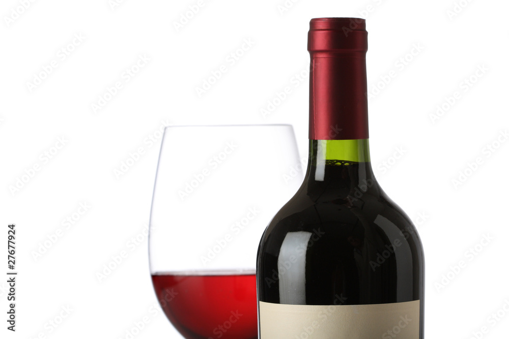 Obraz premium Red wine bottle with and empty label and glass