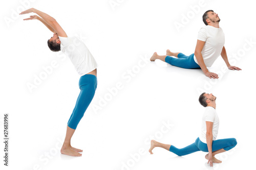 Group of photos of handsome active man doing yoga fitness poses.