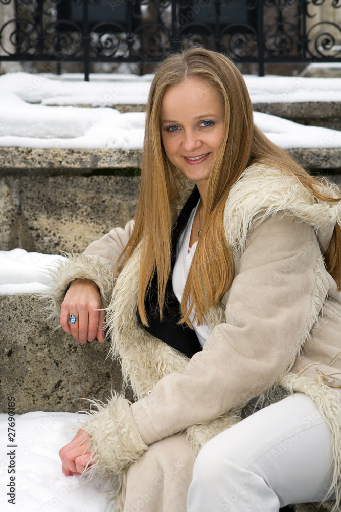 Blonde frecked girl in fur coat Blonde frecked girl in fur coat