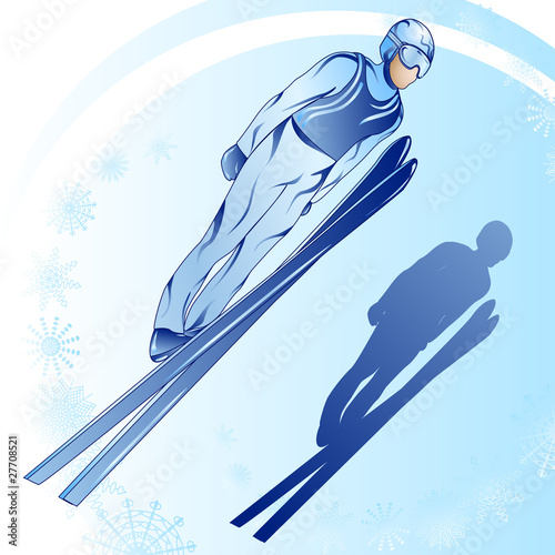 Stylized illustration of jamped skier on a blue background