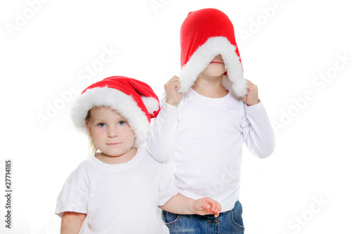 two cute santa helpers over white