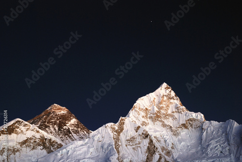 Everest and Nuptse lit by moonlight